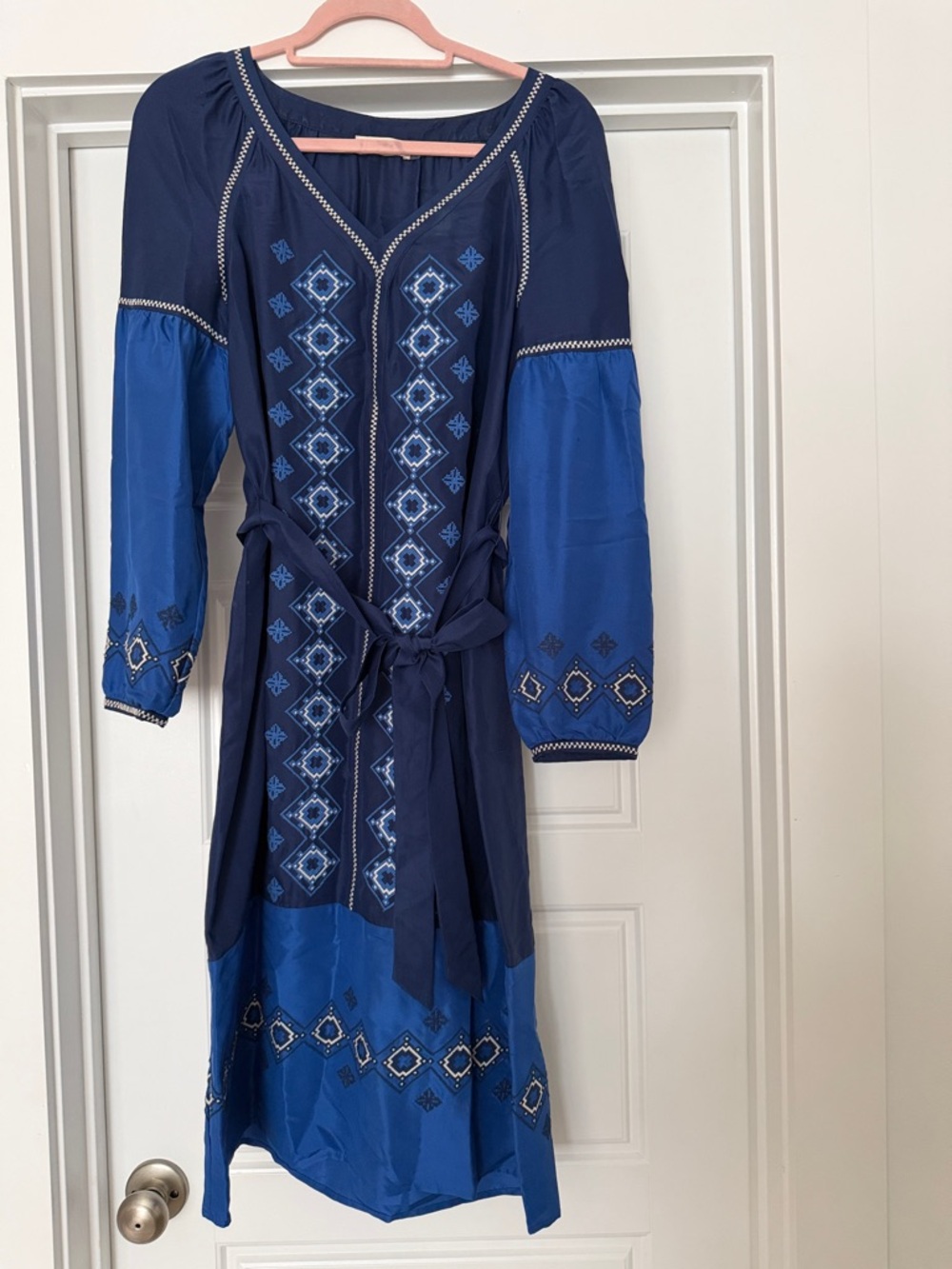 Tory Burch Navy and Royal Blue Embroidered V-Neck Midi Dress